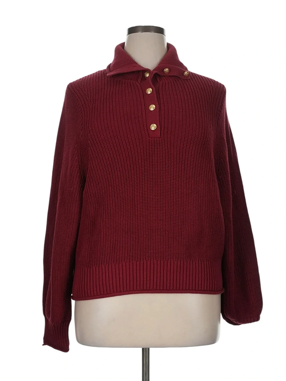 J. Crew Ribbed Cotton Button Collar Sweater Size XL Cranberry 100% Cotton Cozy